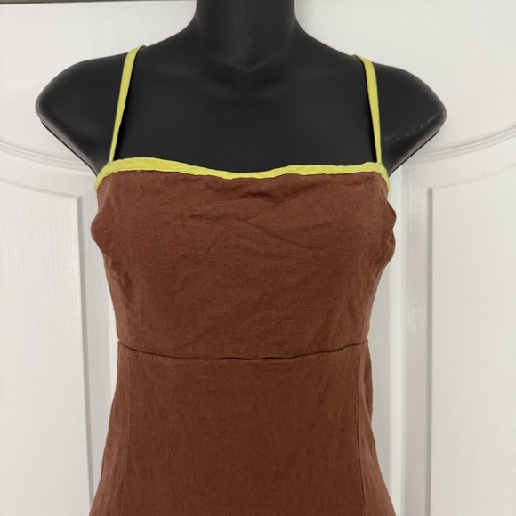 Maeve Anthropologie Dafni Cutout Linen Midi Dress Brown/Lime Green L - Picture 7 of 10